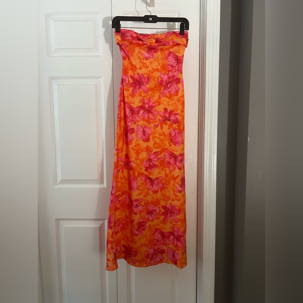 Strapless Orange Maxi Dress with Pink Floral Print